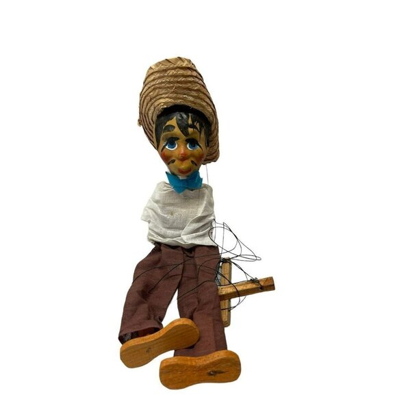 Vintage Mexican Marionette String Puppet Doll Folk Art with Straw Hat Man - Picture 7 of 7